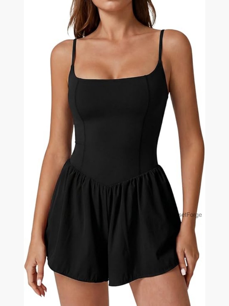 Sleeveless Square Neck Romper With Pockets High Waist Tummy Control